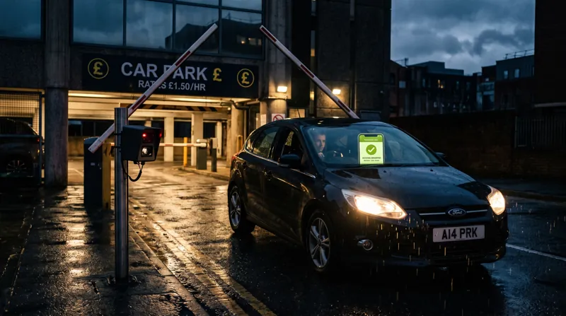 A car arrives at a car park barrier at dusk; an ANPR camera reads the plate and the driver's phone shows access granted.