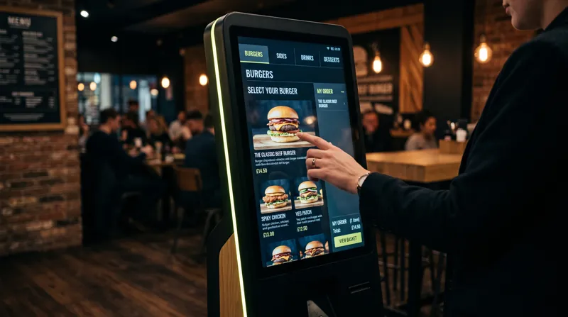 A customer taps a burger on a Vesopa Express self-order kiosk in a busy restaurant.