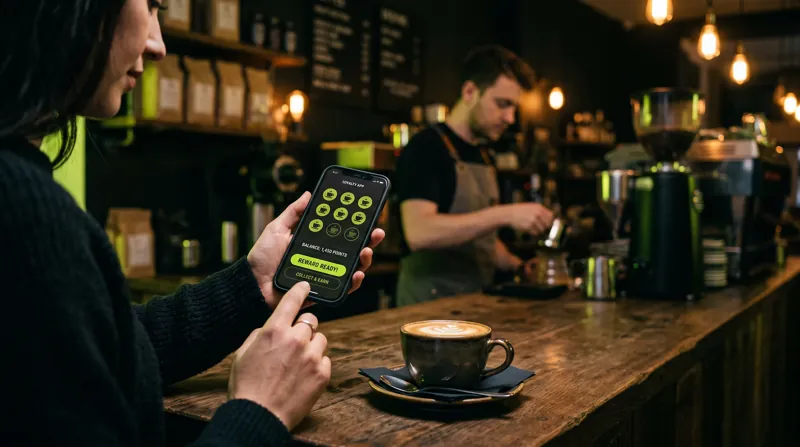 A regular shows her loyalty card on her phone at a coffee counter, with a reward ready.