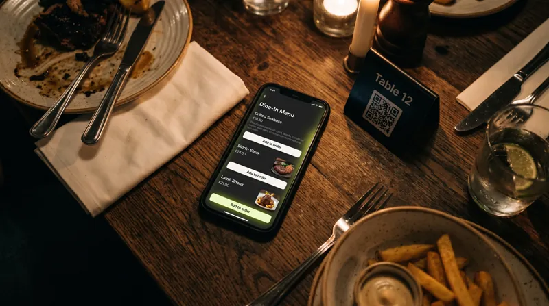 Overhead: a phone open on the Vesopa dine-in menu next to a table 12 QR card.