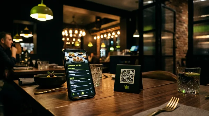 A phone showing the dine-in menu beside a QR code stand on a restaurant table.