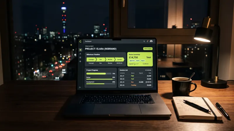A laptop showing a client project dashboard with milestones, a quote summary and invoices.