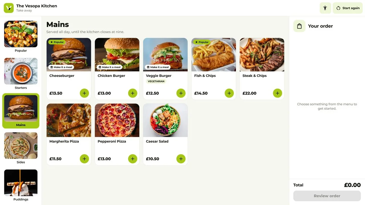 The Vesopa Express menu: categories with pictures down the left, burgers, pizzas and salads as tiles with prices, and the order summary on the right.