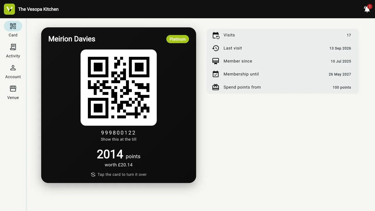 The Vesopa Loyalty card: the member's name, a Platinum badge, a large QR code to show at the till, and 2014 points worth twenty pounds fourteen.